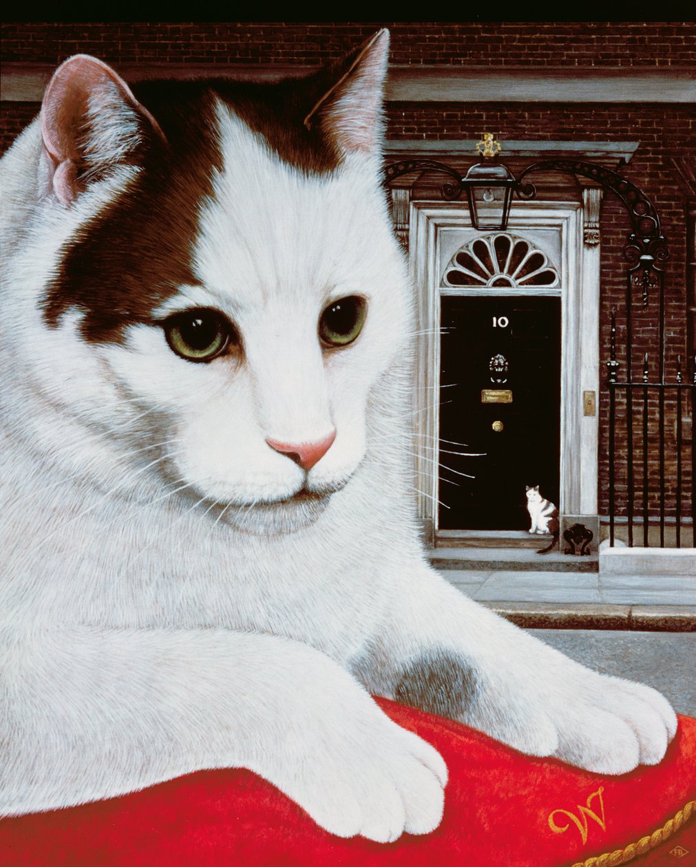 Wilberforce, o gato do número 10, 1987 (óleo e têmpera no painel) de Frances Broomfield