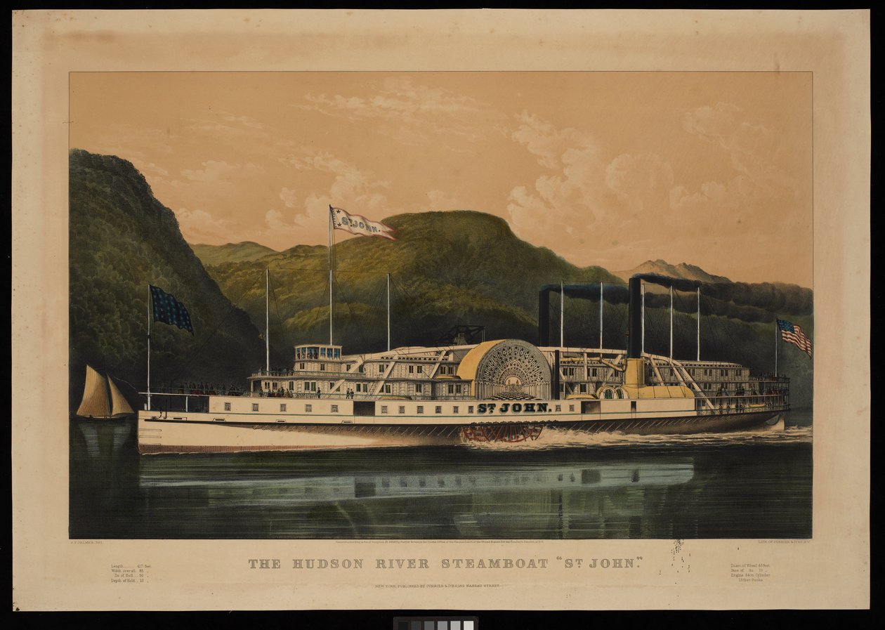 O barco a vapor St John, no rio Hudson (litografia, a cores) de Frances Flora Bond (c.1812 76) (after) Palmer