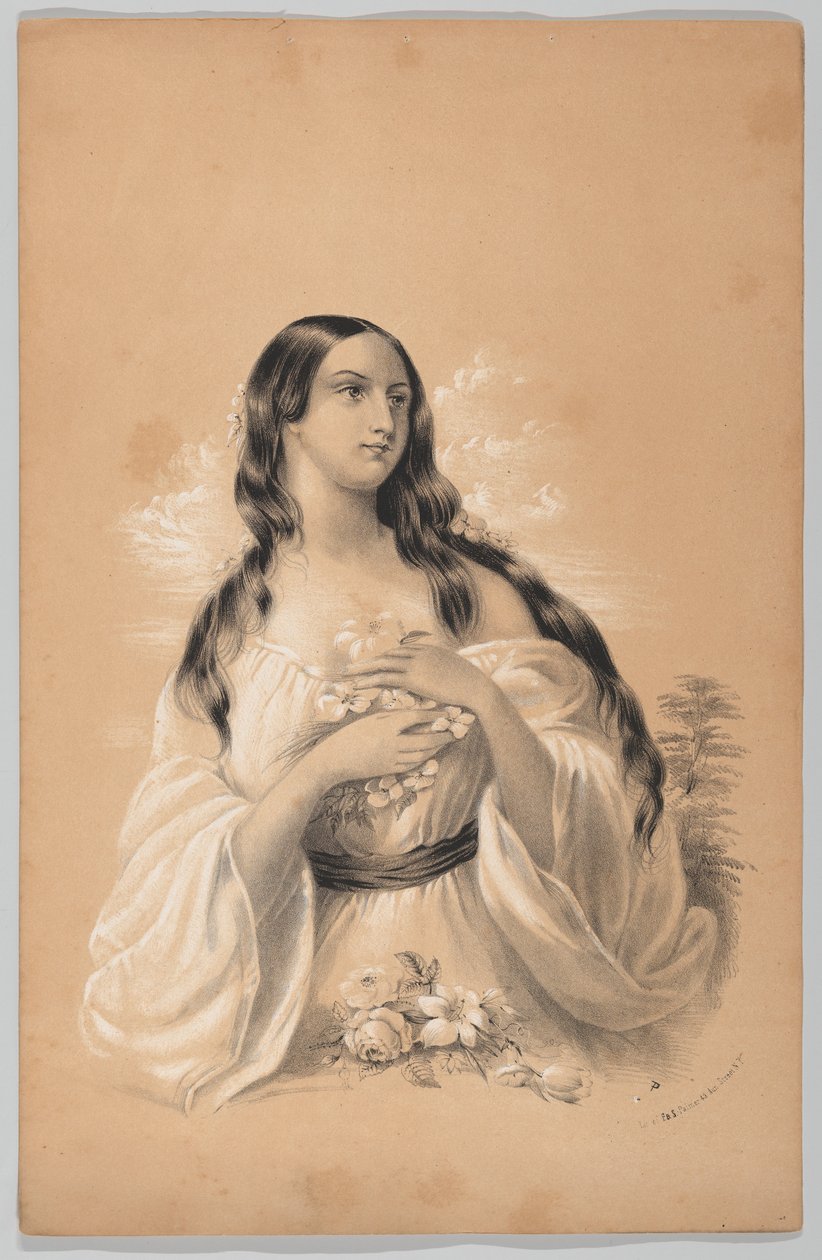 Mulher segurando flores, no livro de desenho de Nova York, contendo uma série de desenhos originais..., 1847. de Frances Flora Bond Palmer
