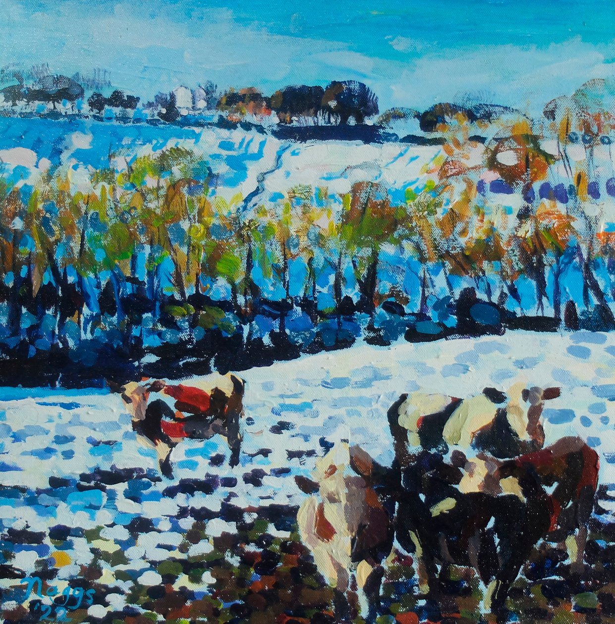 Vacas na neve, 2024 (acrílico sobre tela) de Frances Naggs