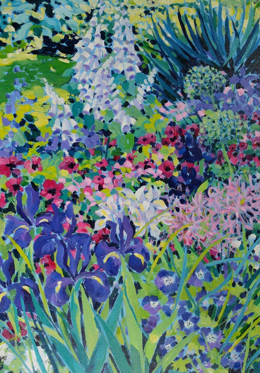 Borda do início do verão (íris e dedaleiras brancas), 2022 (acrílico sobre tela) de Frances Naggs