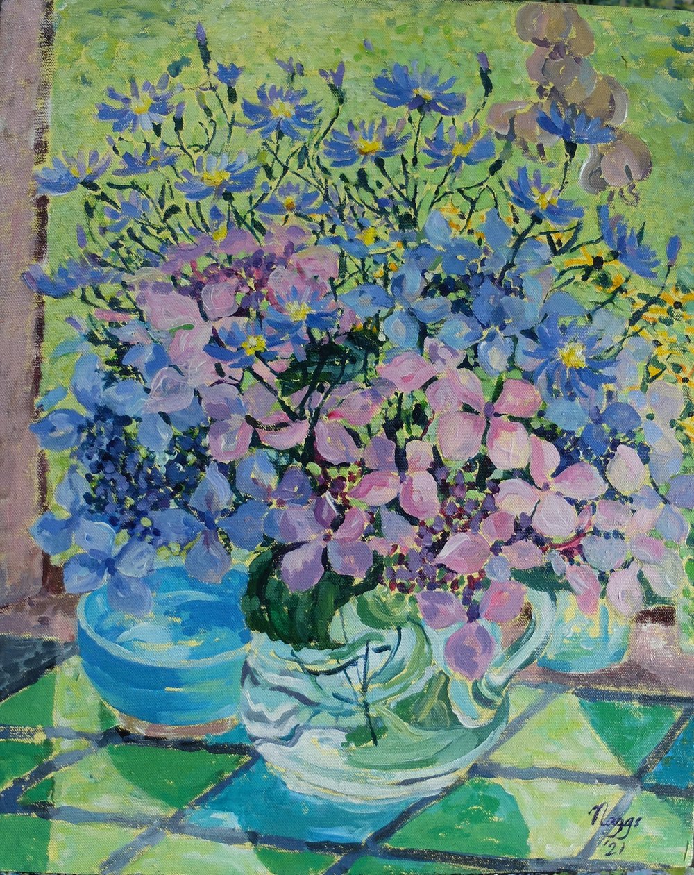 Hortênsias e Margaridas de Michaelmas, 2021 (acrílico sobre tela) de Frances Naggs