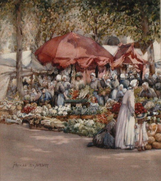 Market Day, Northern France c.1910 (aguarela sobre papel) de Frances Nesbitt