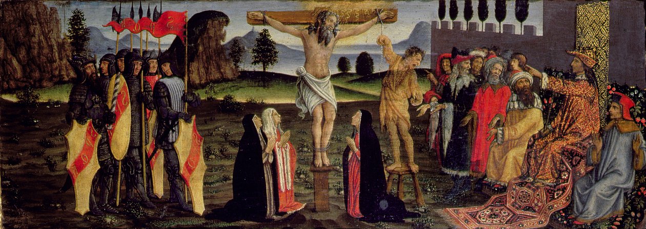 A Crucificação, painel predella do Tabernáculo dos Sacramentos, c.1484-6 (têmpera no painel) (detalhe de 94757) de Francesco Botticini