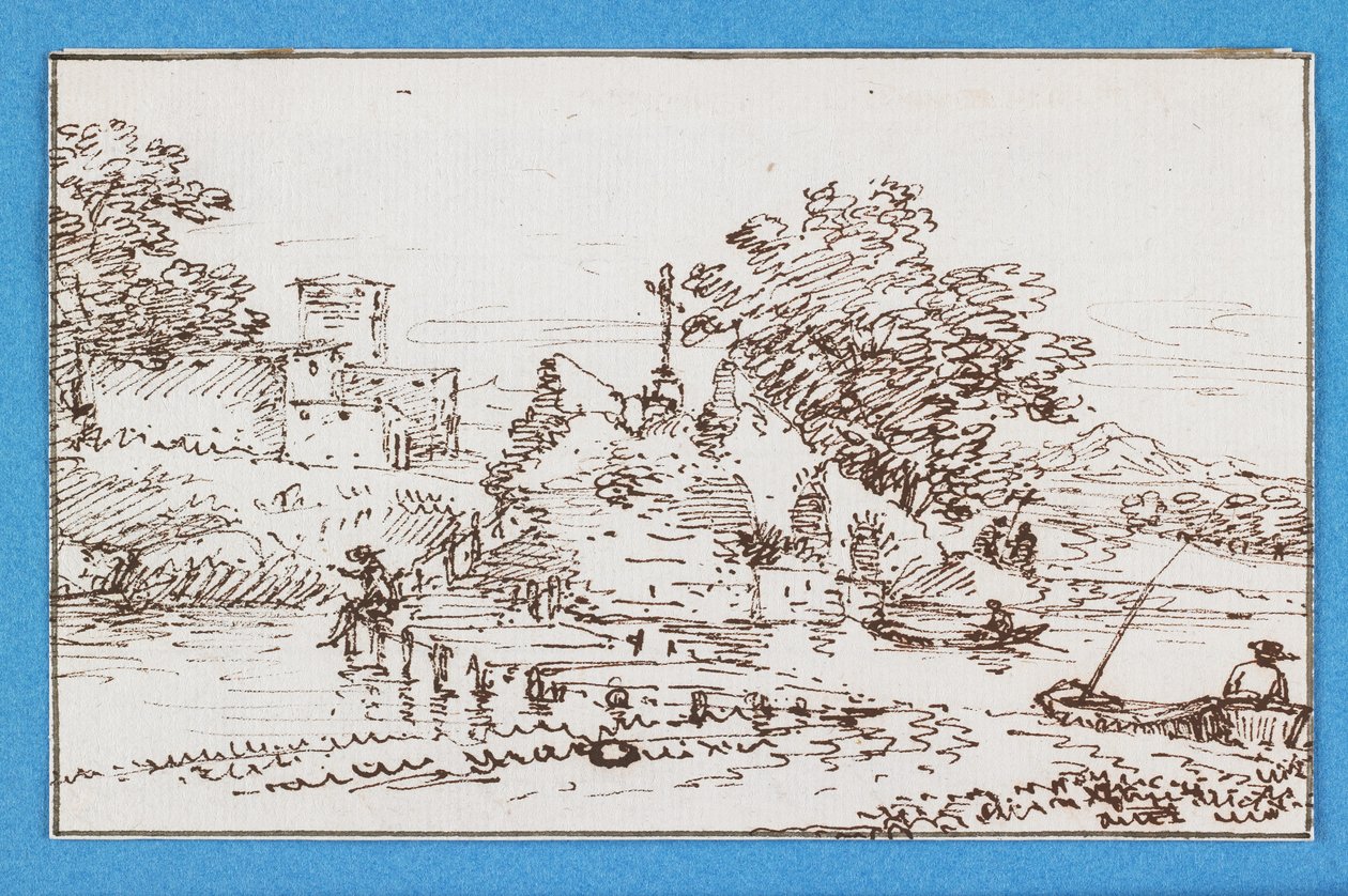 Paisagem com Figuras de Pesca, meados do século XVII (pena e tinta marrom) de Francesco Allegrini