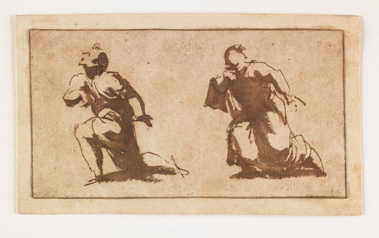 Estudo de duas figuras masculinas ajoelhadas (caneta e tinta marrom e lavagem) de Francesco Allegrini