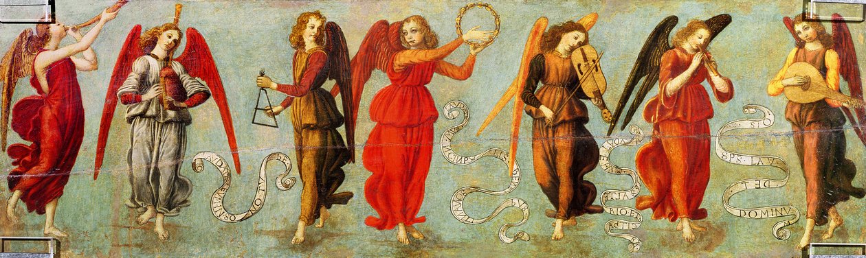 Anjos tocando instrumentos musicais, c.1475-97 (tempera no painel) de Francesco Botticini