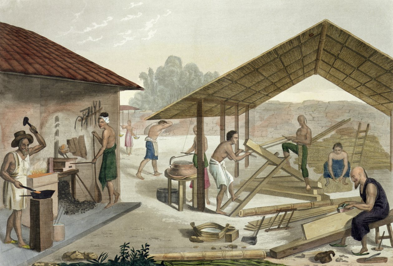 Oficina de carpintaria em Kupang, Timor, placa 6 de Le Costume Ancien et Modern por Jules Ferrario, publicado c.1820s-30s de Francesco Citterio