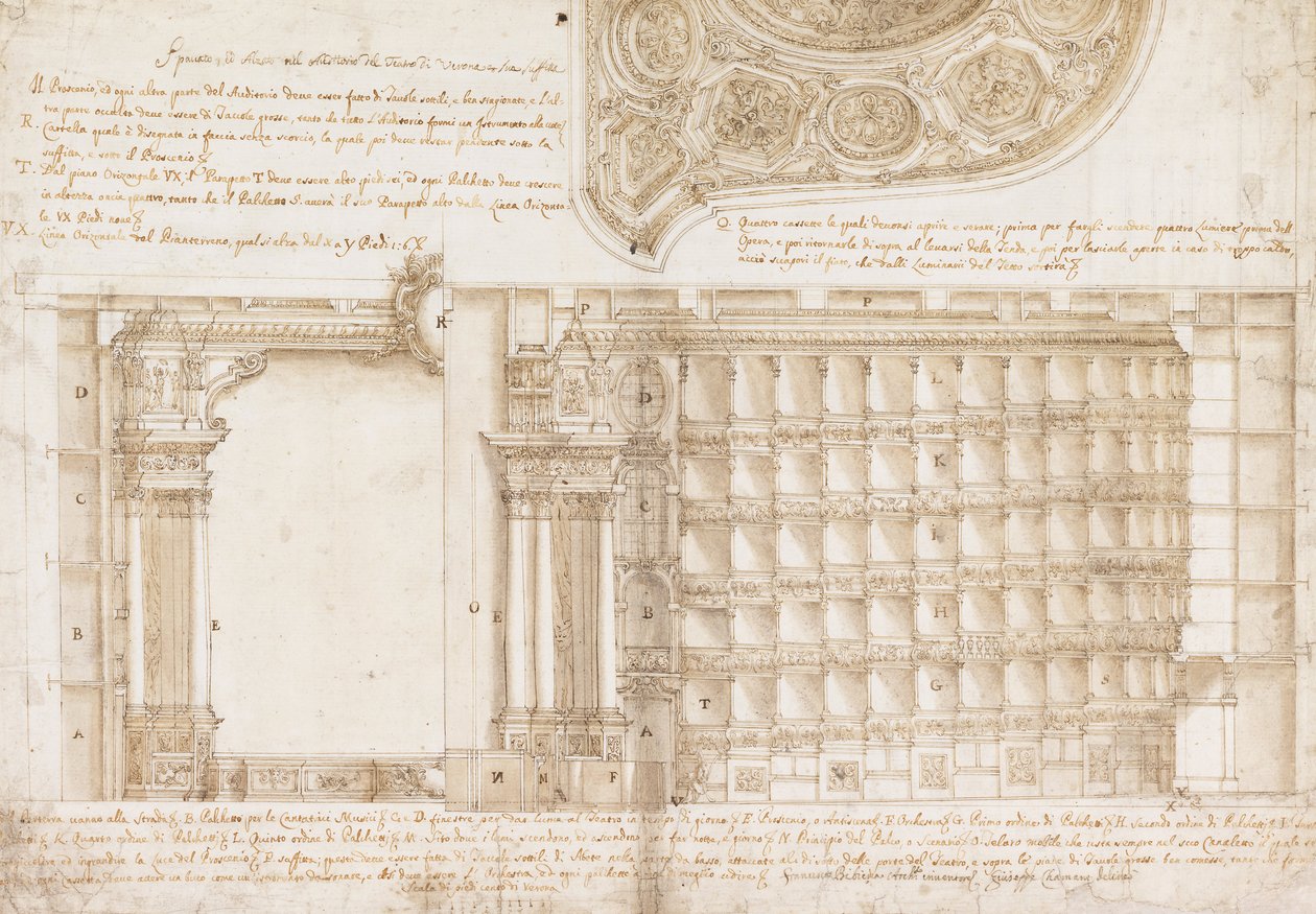 Teatro Filarmônico, Academia Filarmônica, Verona, Itália - Seção e Teto de Francesco Galli Bibiena
