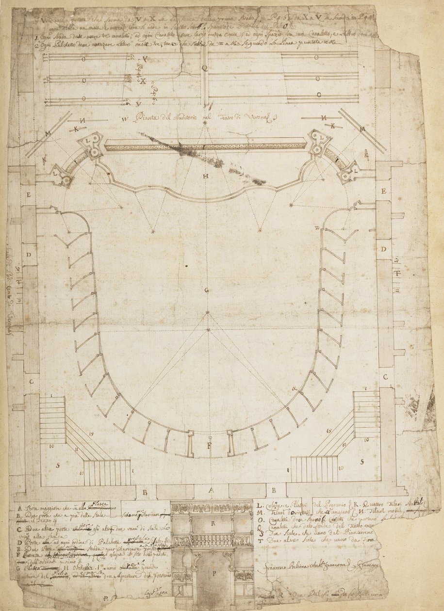 Theatro Filarmonico da Accademia Filarmonica de Verona, Itália, Auditório e Entrada Principal ... de Francesco Galli Bibiena