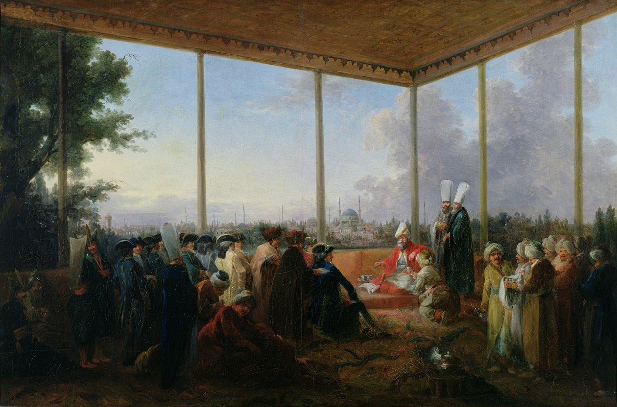 Audiência dada em Constantinopla pelo Grão-Vizir Aimali Carac por François-Emmanuel Guignard (1735-1821) Comte de Saint-Priest, 18 de março de 1779 de Francesco Giuseppe Casanova