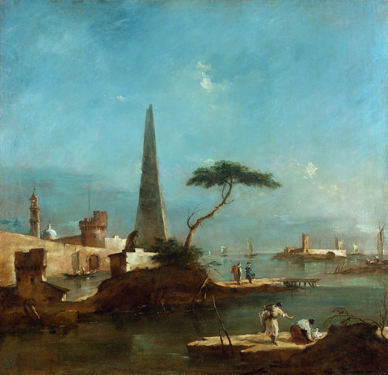 Obelisco ao lado da entrada de um porto murado de Francesco Guardi