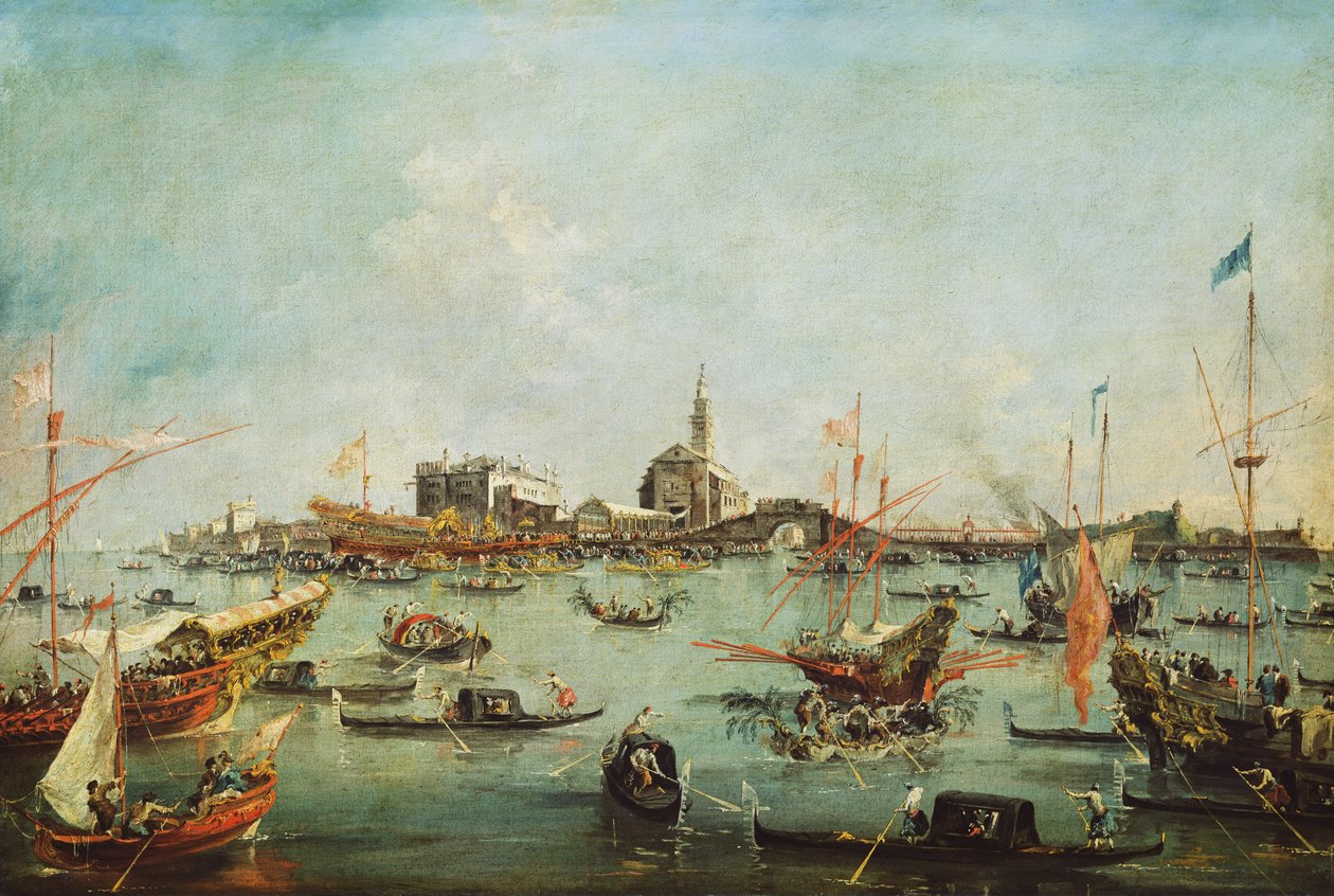 O Doge no Bucentaur na frente de San Nicolò del Lido, no dia da ascensão, c.1766-70 de Francesco Guardi
