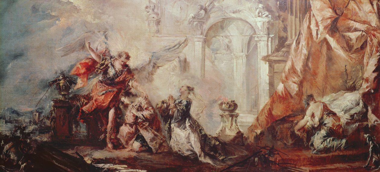 O Casamento de Tobias, detalhe do casal Sara e Tobias perante Raphaels intermediário dando graças a Deus, c.1750 óleo sobre tela de Francesco Guardi
