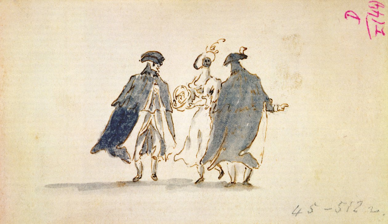 Três figuras mascaradas em traje de carnaval de Francesco Guardi
