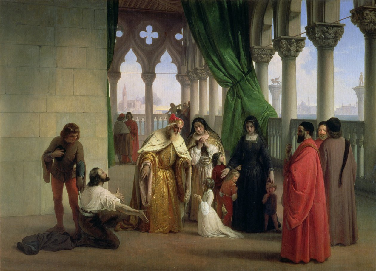 Os Dois Foscari: Francesco Foscari, Doge de Veneza (c.1372-1457) banindo seu filho Jacopo sobre a acusação de correspondência traiçoeira enquanto estava no exílio; tema do drama poético de Bryon &39;The Two Foscari&39; de Francesco Hayez