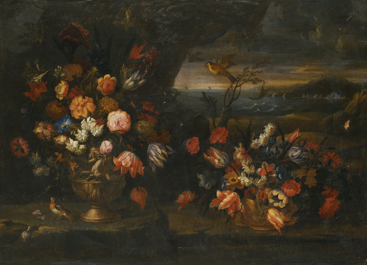 Ainda vida com vaso de flores em um cenário de paisagem costeira de Francesco Mantovano