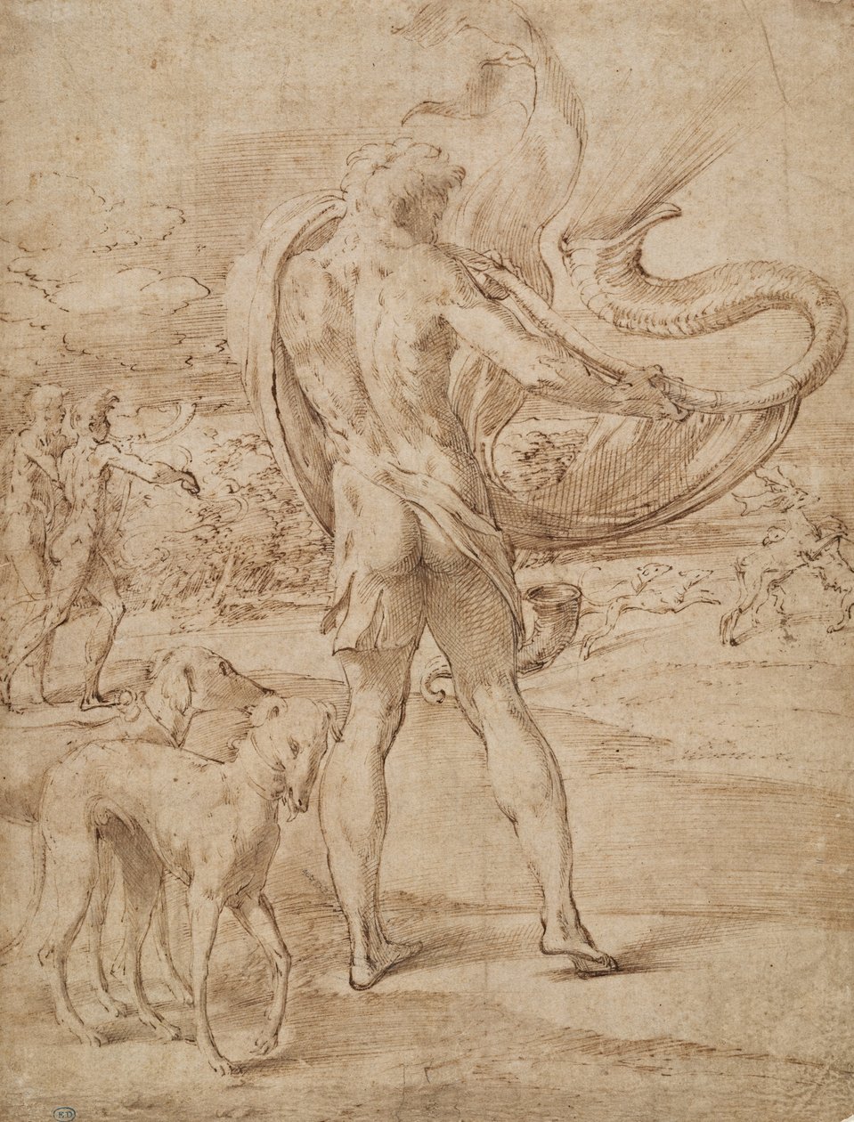 Huntsmen soando seu chifre com um staghunt à distância de Parmigianino