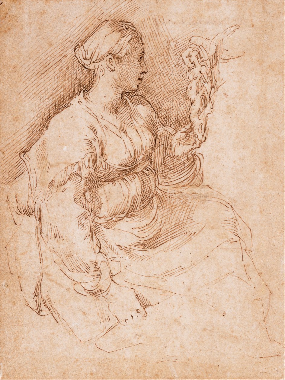Mulher, sentada, segurando, um, estatueta, de, vitória de Parmigianino