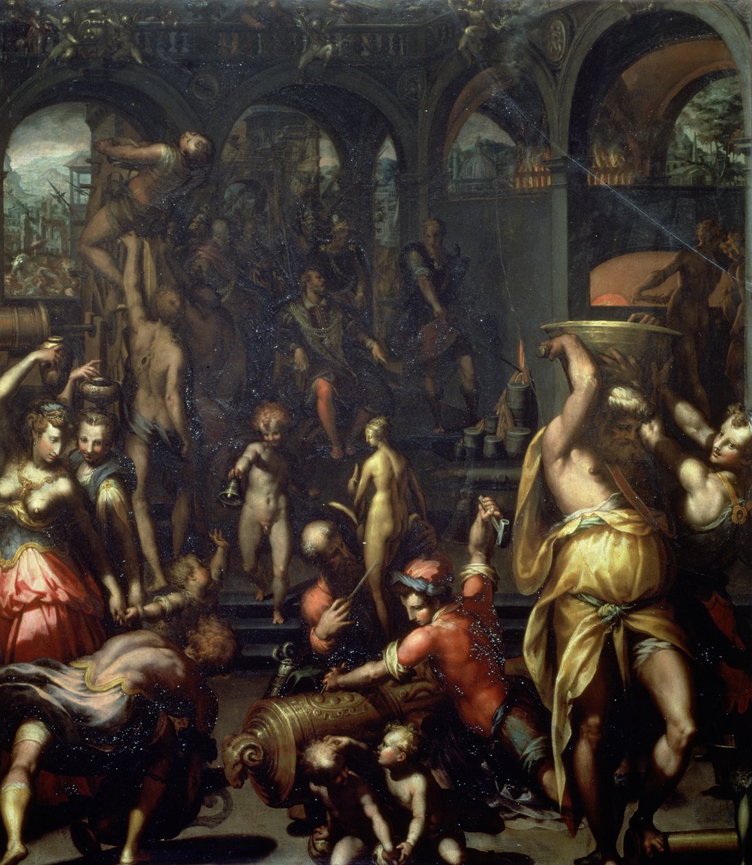 A Fundição de Bronze, 1572 (óleo sobre ardósia) de Francesco Morandini