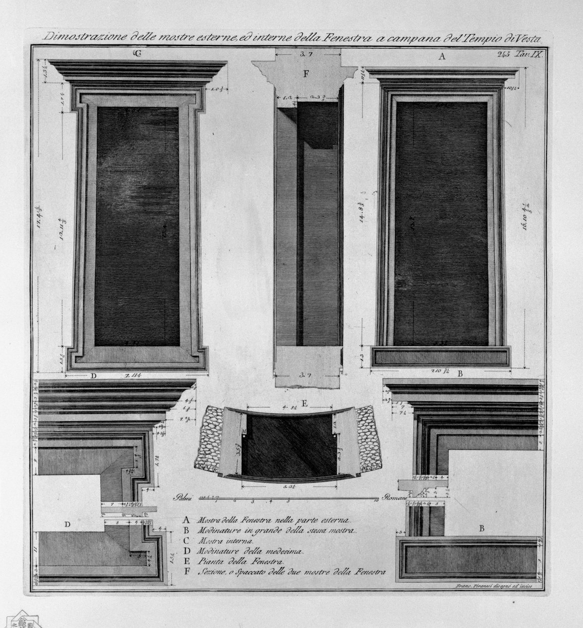 Demonstração de exposições externas e internas da Fenestra em forma de sino do Templo de Vesta de Francesco Piranesi