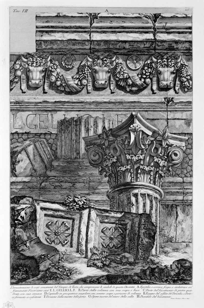 Demonstração de vários ornamentos do Templo de Vesta, que comprovam os símbolos desta Deidade de Francesco Piranesi