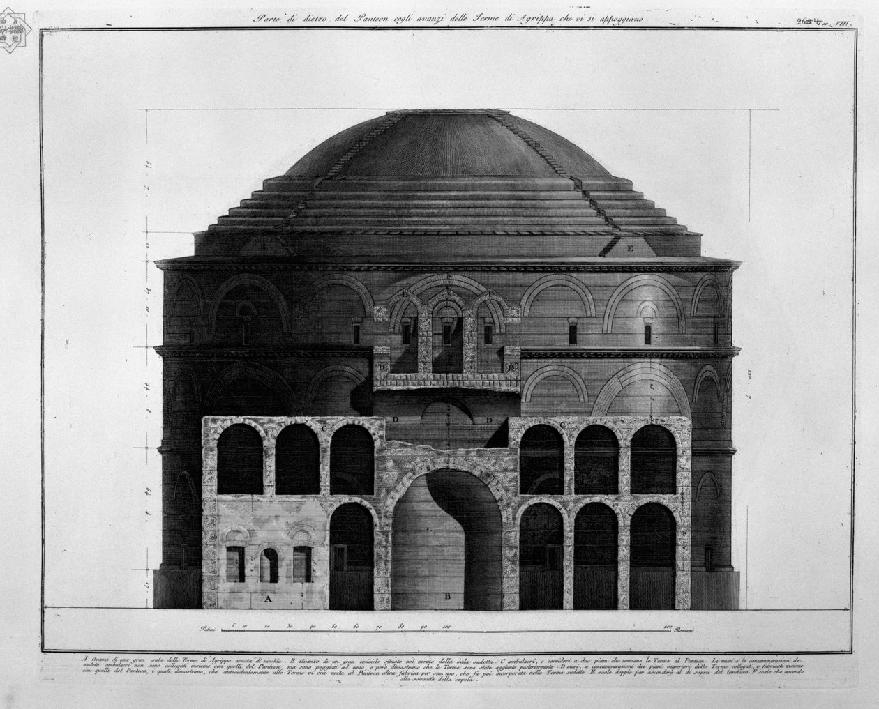 Parte da parte de trás do Panteão com os restos das Termas de Agripa, que se apoiam neles de Francesco Piranesi