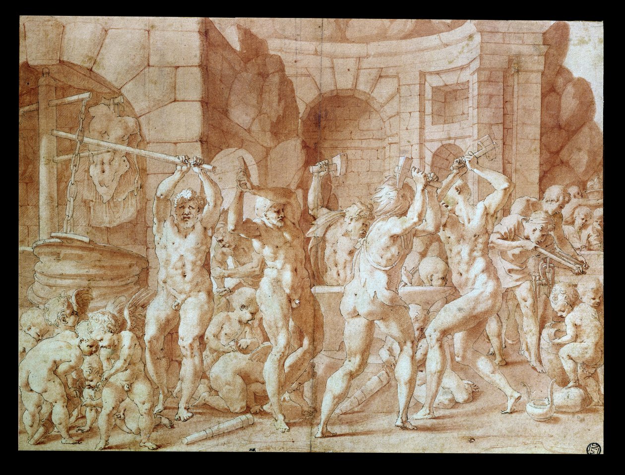 Ciclope na Forja de Vulcano (caneta e giz vermelho sobre papel) de Francesco Primaticcio