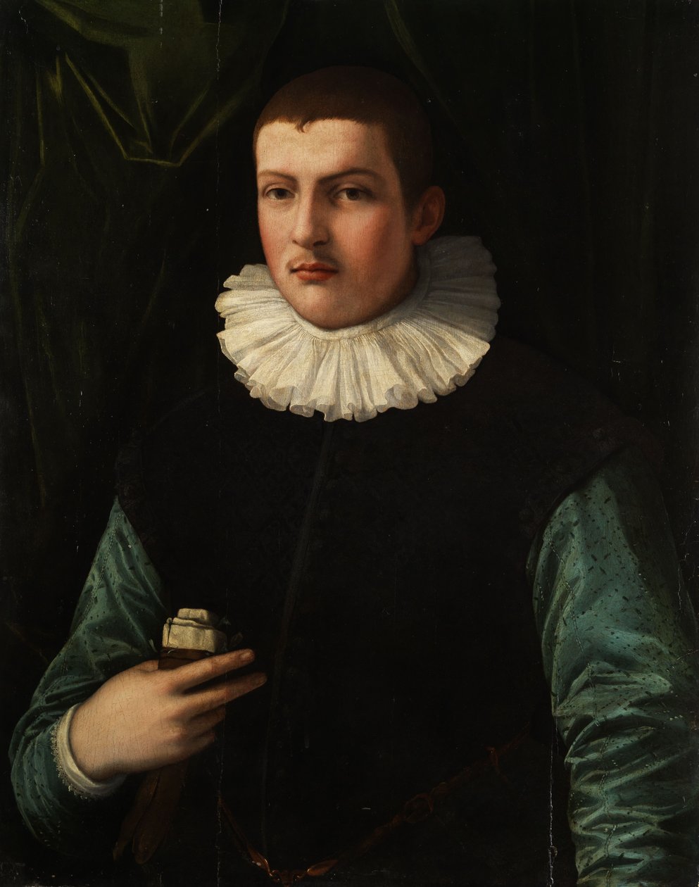 Retrato de um menino com um ruff e luvas desenhadas em sua mão direita. de Francesco Traballesi