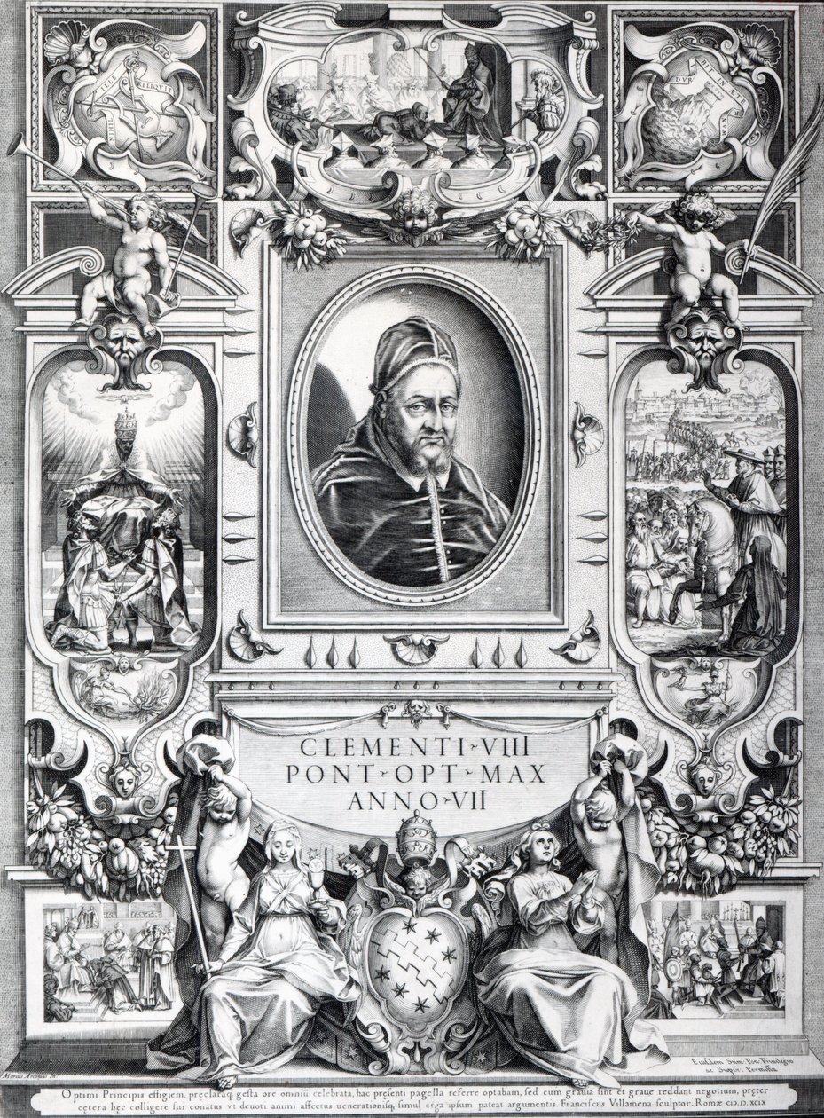 Papa Clemente VIII, cercado por cenas de sua vida de Francesco Villamena