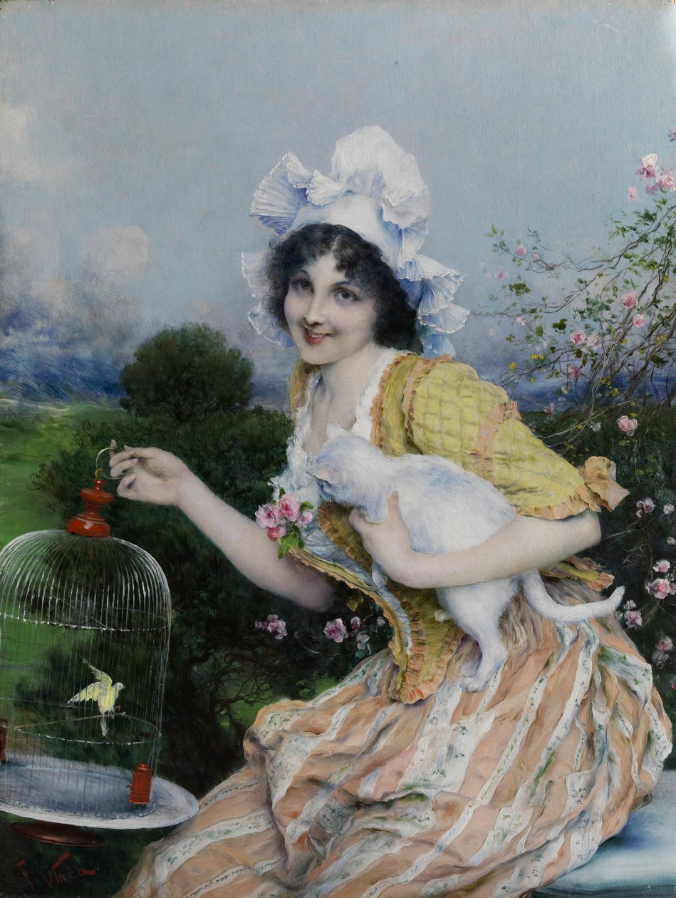Menina, com, gato, e, birdcage de Francesco Vinea