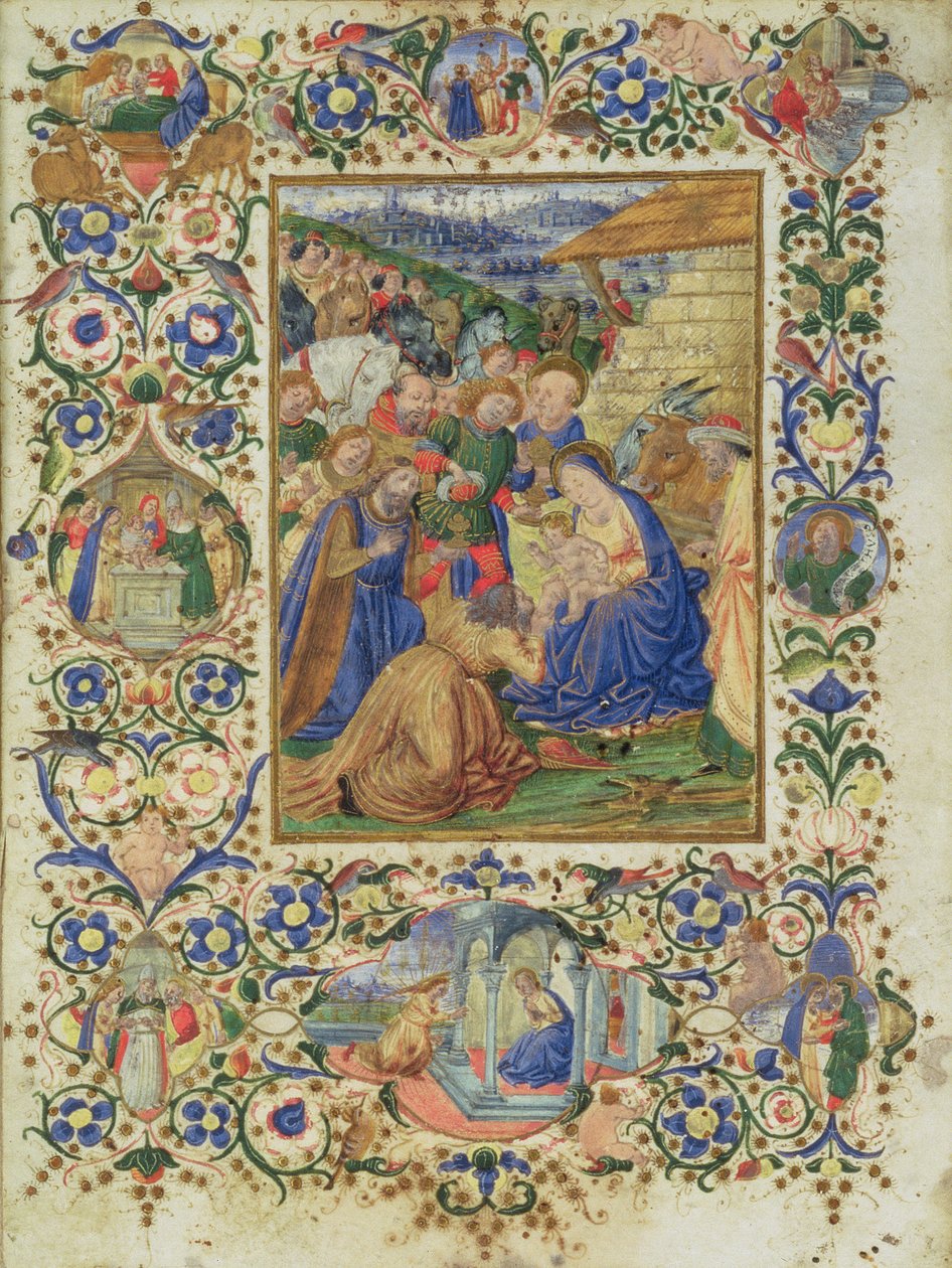 A Adoração dos Magos cercada por medalhões representando episódios da vida da Virgem e um profeta de Francesco d