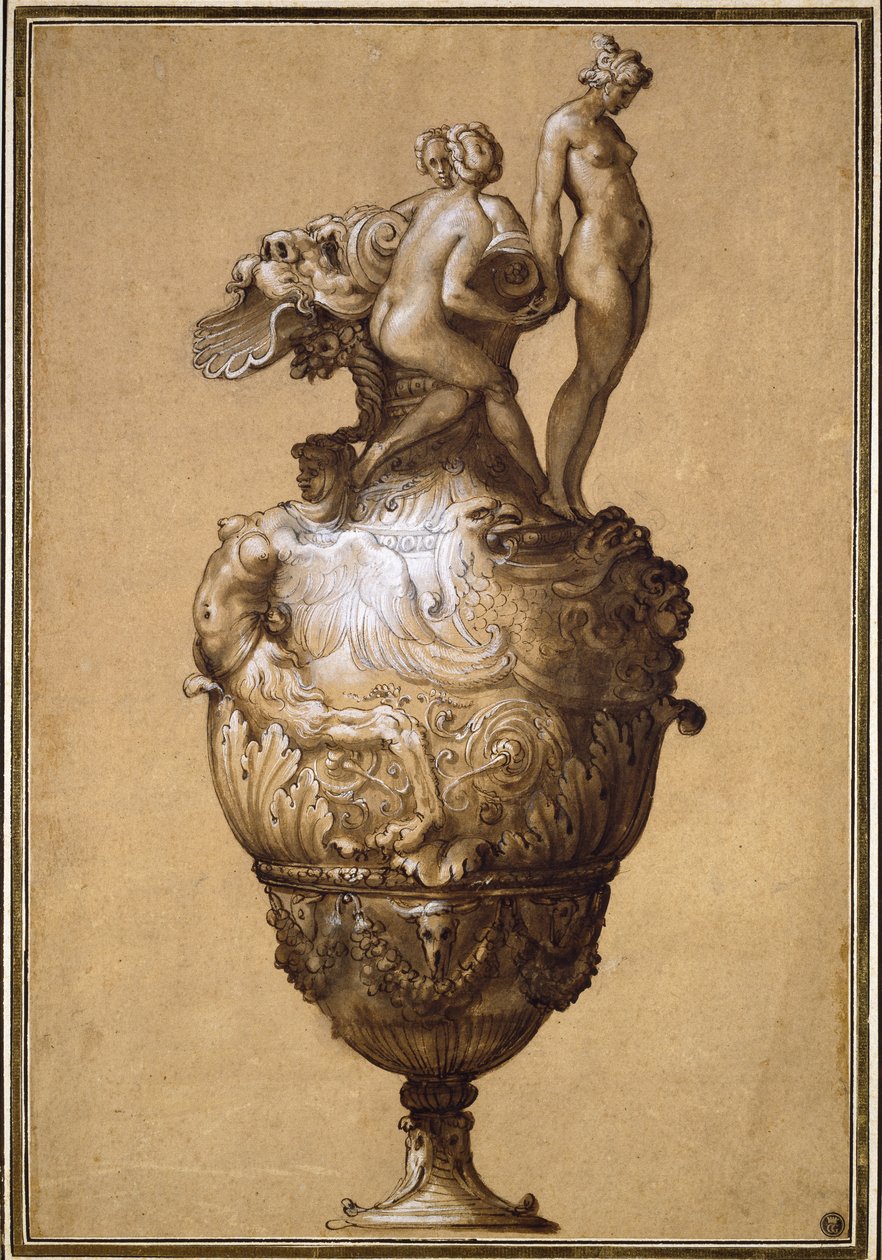 Design para um Ewer (caneta e tinta marrom com lavagem cinza, aumentada com bodycolour, sobre giz preto em papel amarelo) de Francesco de Rossi Salviati Cecchino