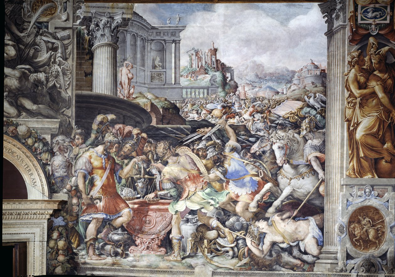 Marcus Furius Camillus (447-365 aC) proibindo a pesagem do ouro, da Sala dell&39;Udienza, 1545 de Francesco de Rossi Salviati Cecchino