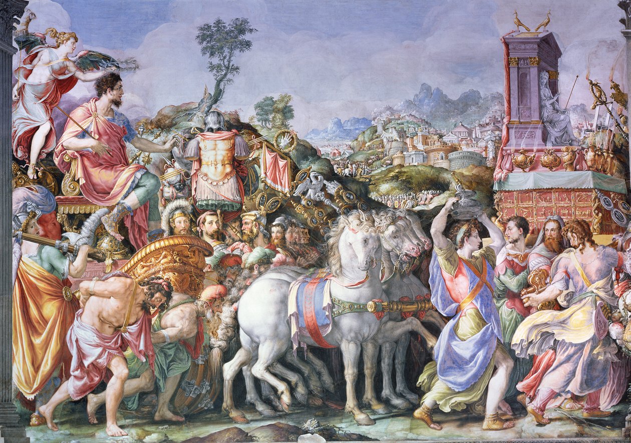 O triunfo de Marcus Furius Camillus (447-365 aC), da Sala dell&39;Udienza, 1545 (pós-restauração) (ver 85158) de Francesco de Rossi Salviati Cecchino