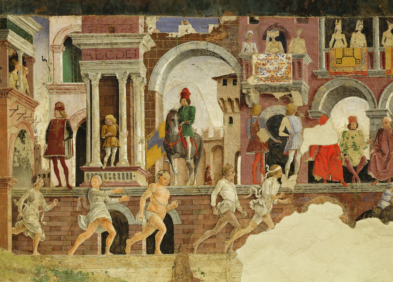 Alegoria de abril: uma performance na praça Borso dEste, detalhe da corrida de pedestres, 1469-70, afresco de Francesco del Cossa