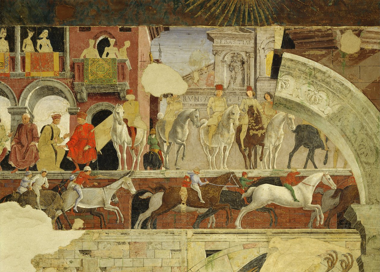 Alegoria de abril: uma apresentação na praça Borso dEste, detalhe de cavalos e burros correndo, 1469-70, afresco de Francesco del Cossa