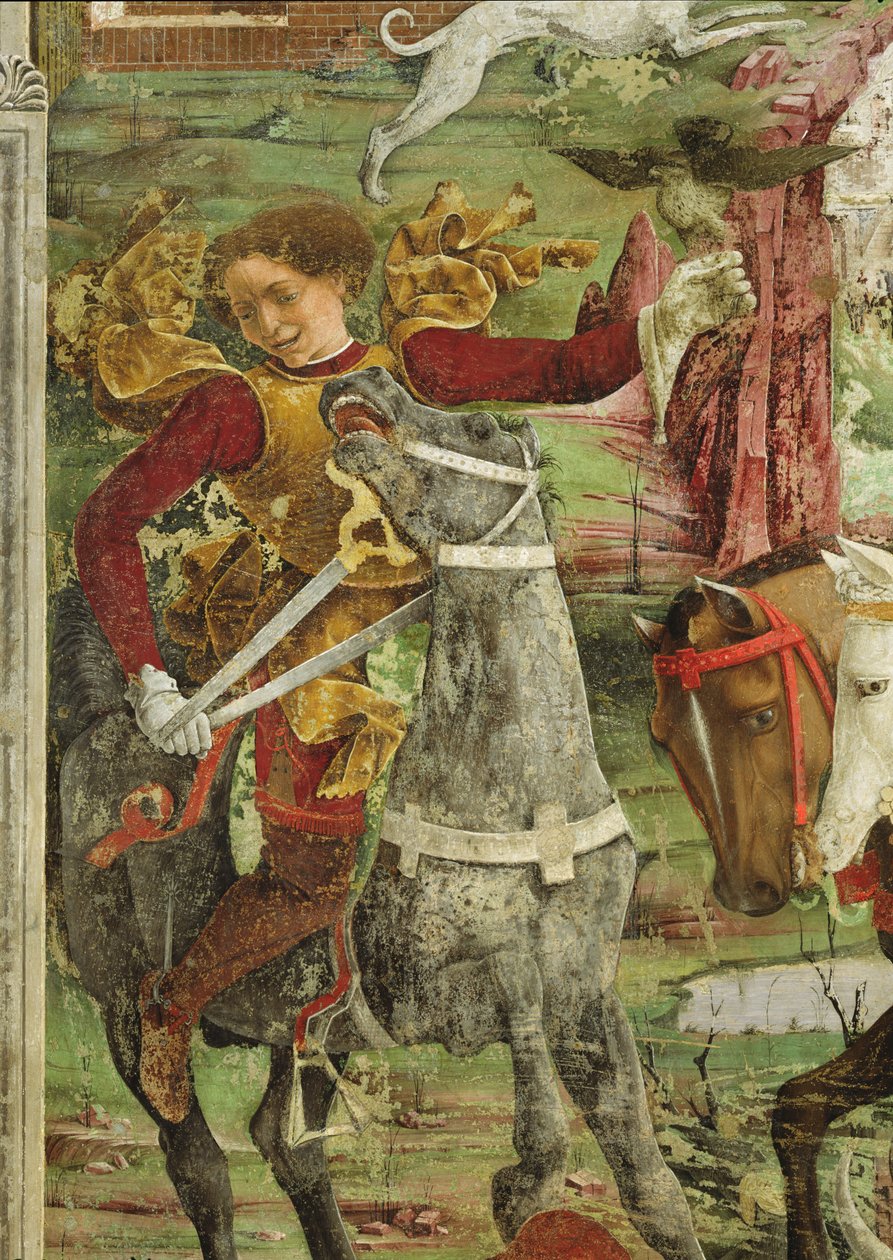 Alegoria de março: Borso d&39;Este, príncipe de Ferrare deixando para a caça, detalhe com um falcão, 1469-70, de Francesco del Cossa