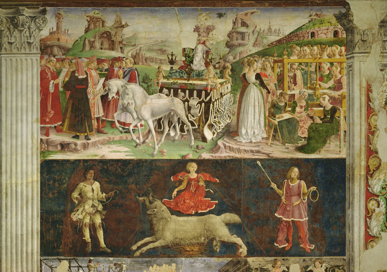 Alegoria de Março: Triunfo de Minerva e o símbolo astrológico de Áries, 1469-70, de Francesco del Cossa