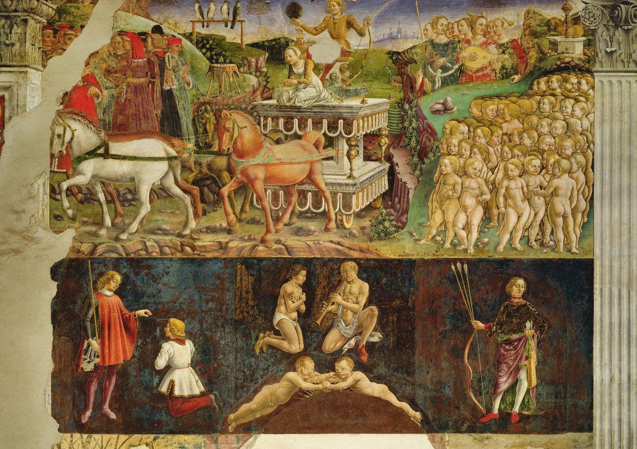 Alegoria de Maio: o Triunfo de Apolo, símbolos astrológicos de Gêmeos, 1469-70, de Francesco del Cossa