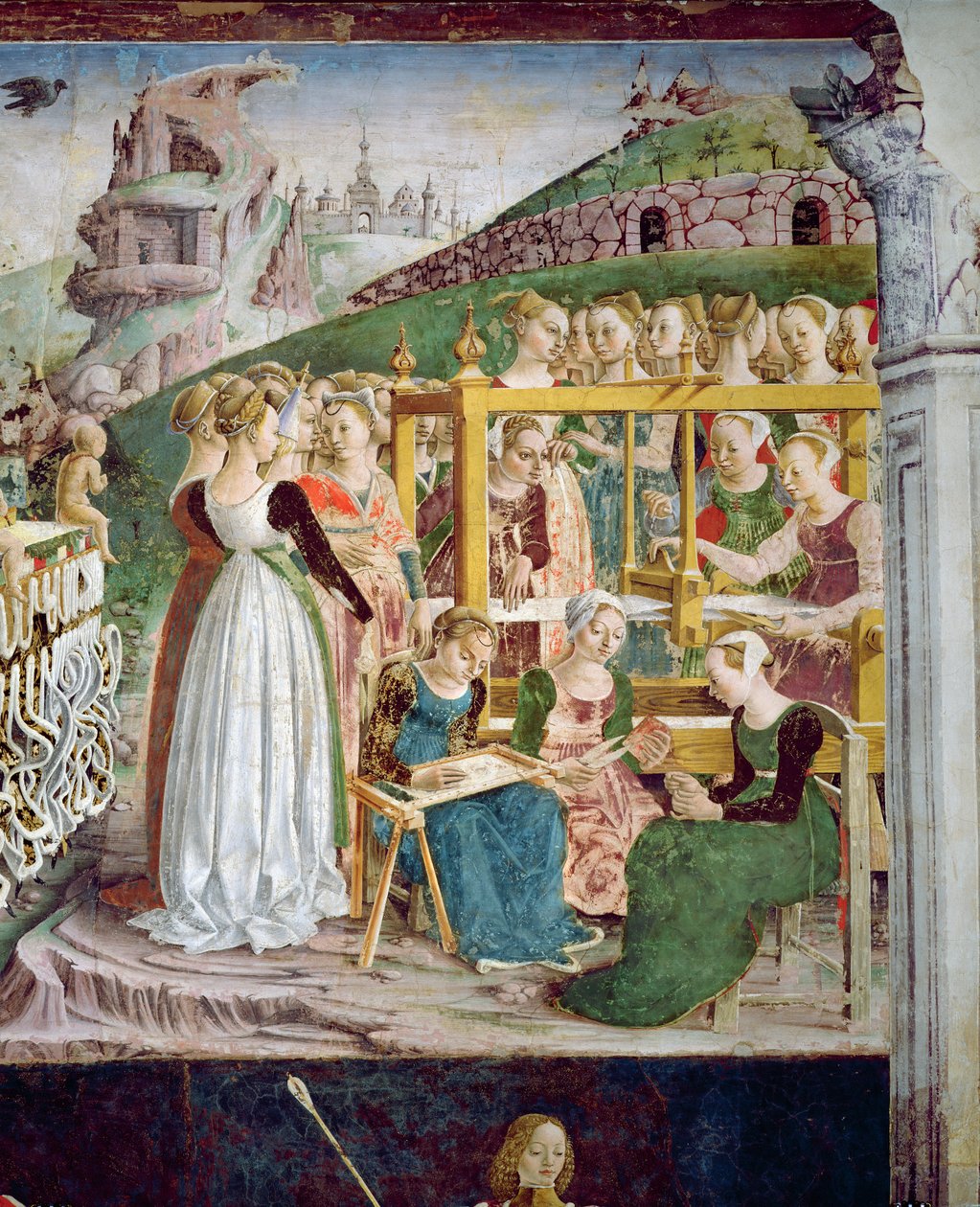 O Triunfo de Minerva: Março, da Sala dos Meses, detalhe dos tecelões, c.1467-70 de Francesco del Cossa