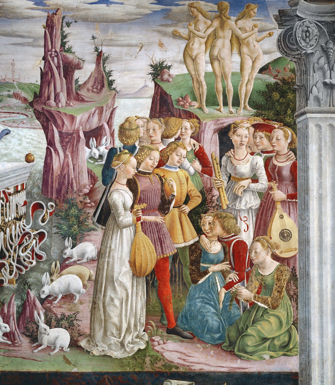 O triunfo de Vênus: abril da sala dos meses, detalhe de um grupo de músicos, c.1467-70 de Francesco del Cossa