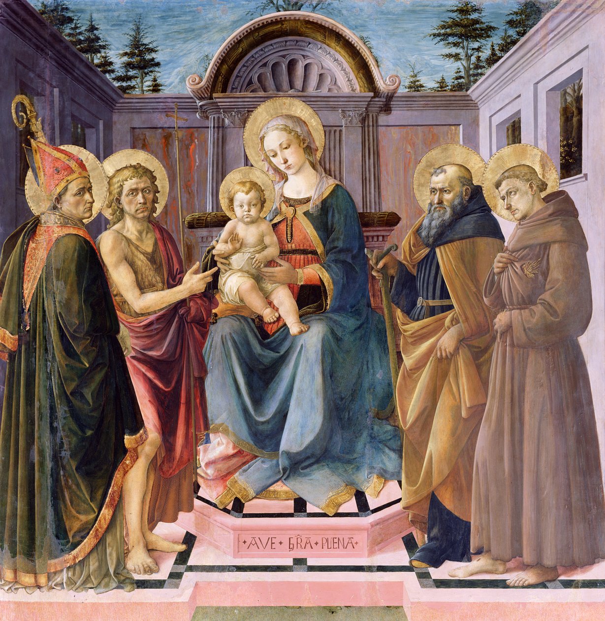 Madonna e Child entronizado com (LR) SS. Zenóbio, João Batista, António Abade e Francisco de Francesco di Stefano Pesellino