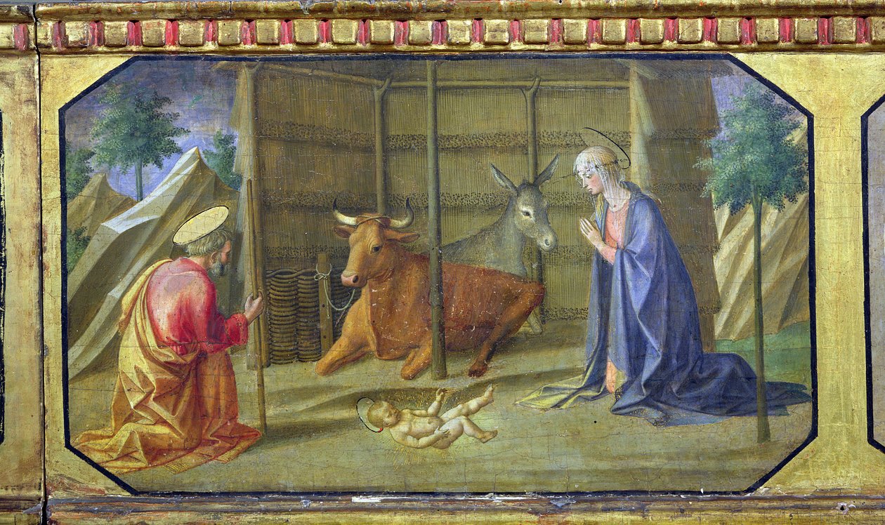 A Natividade, detalhe do painel de predella de Madonna e Criança Enthroned por Filippo Lippi (c.1406-69) (tempera no painel) (ver também 85689, 85691 e 85693) de Francesco di Stefano Pesellino