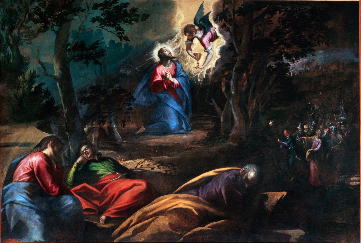 A oração no jardim das oliveiras À direita, Judas chega com os soldados para deter Jesus Cristo. Pintura de Francesco Bassano os jovens (ca. 1549-1592) Veneza, Chiesa del Redentore, Itália de Francesco Bassano