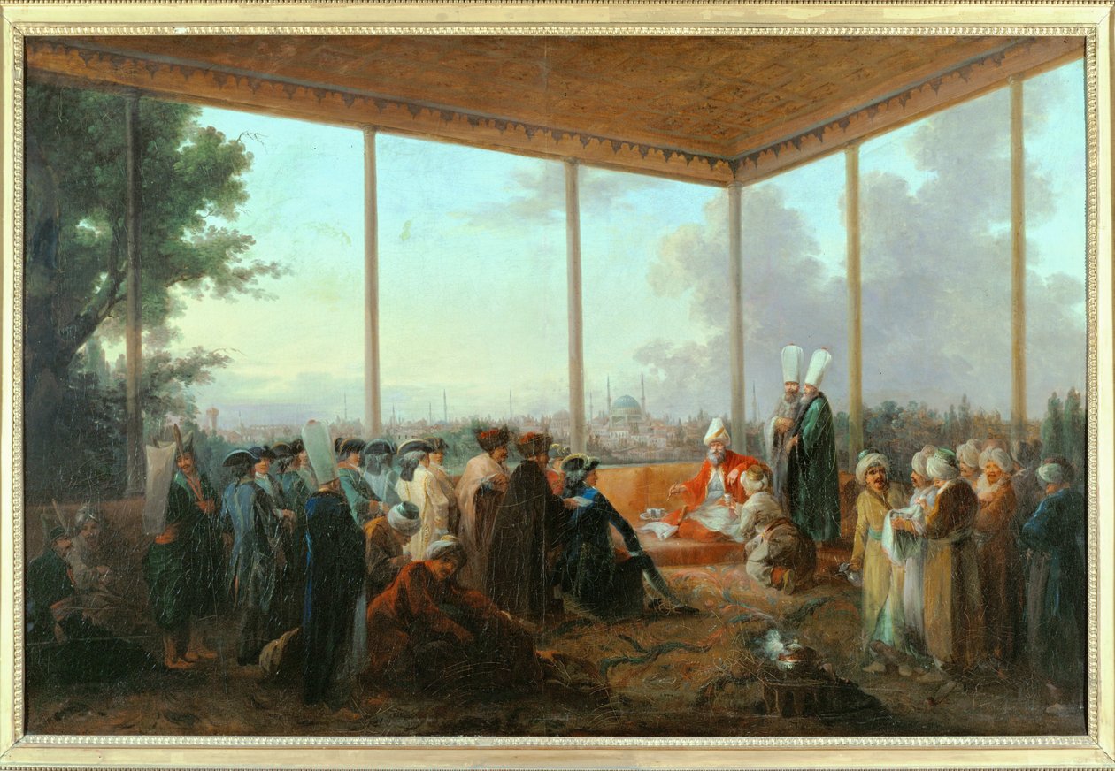 Audiência dada ao conde de Saint-Priest pelo grão-vizir Aimali Carac, 18 de março ... (pintura sobre tela) de Francesco (after) Casanova
