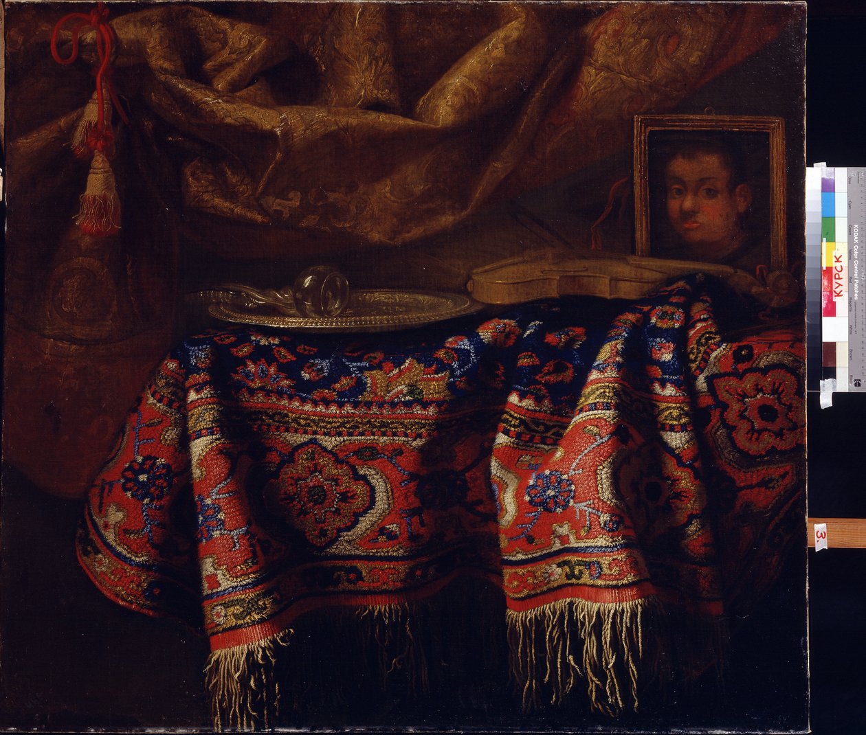 Natureza morta com autorretrato. (Natureza morta com autorretrato). Pintura de Francesco Fieravino (entre 1610 e 1660). Arte italiana, estilo barroco. Galeria de Arte Regional A. Deineka, Kursk, Rússia de Francesco (b.1640) Fieravino