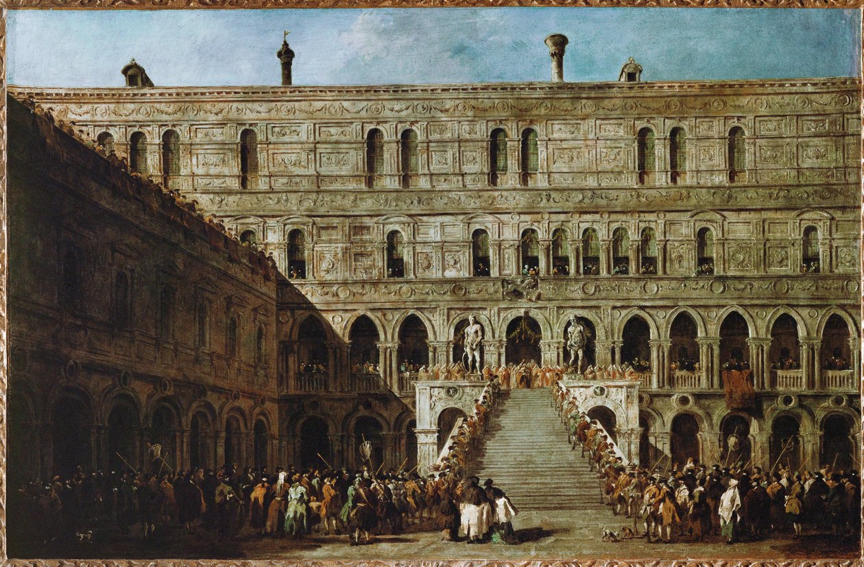 Coroação do Doge de Veneza nas escadas dos Gigantes do palácio ducal ... de Francesco (circle of) Guardi