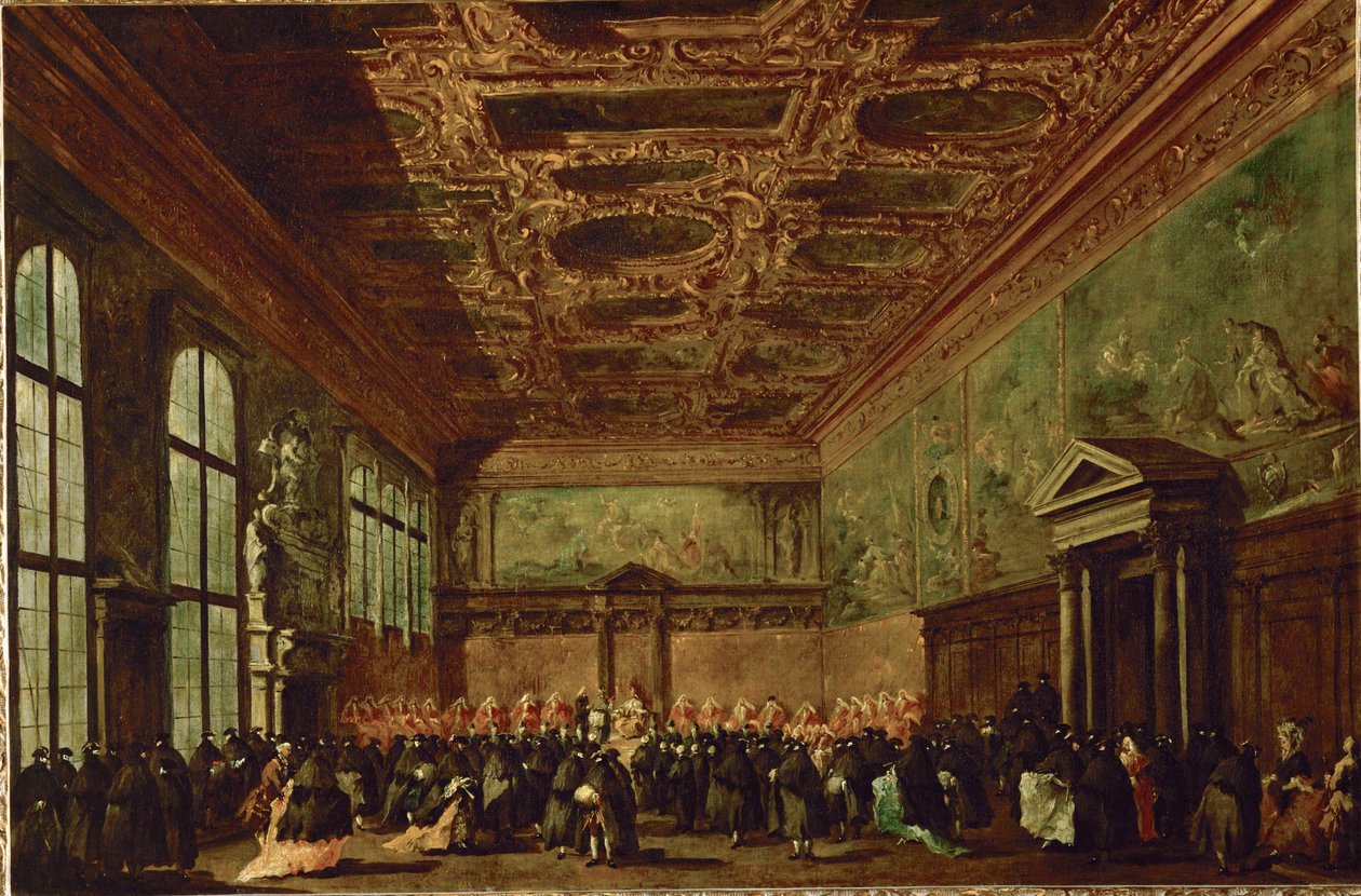 La salle du college au palais des Doges a Venise - A sala do conselho no palácio dos Doges, Veneza ... de Francesco (circle of) Guardi