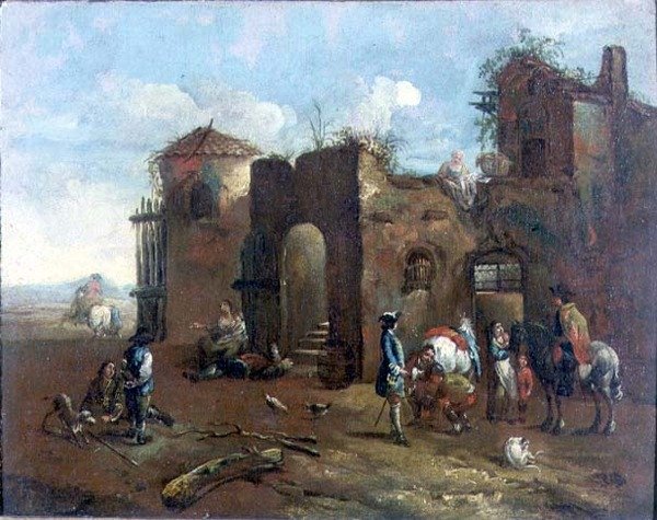 Viajantes parados em um ferrador rústico de Francesco (circle of) Simonini